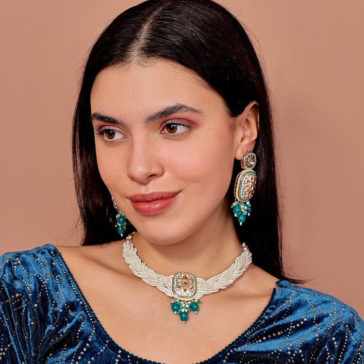 Blush Pink Kundan Pearl Choker Set - DIPME