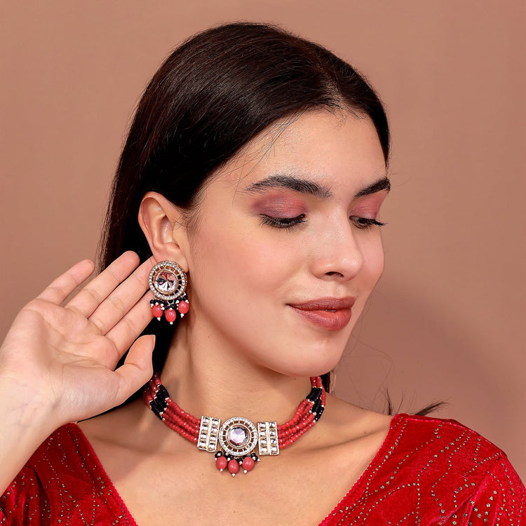 Coral Pink Kundan Pearl Choker Set - DIPME