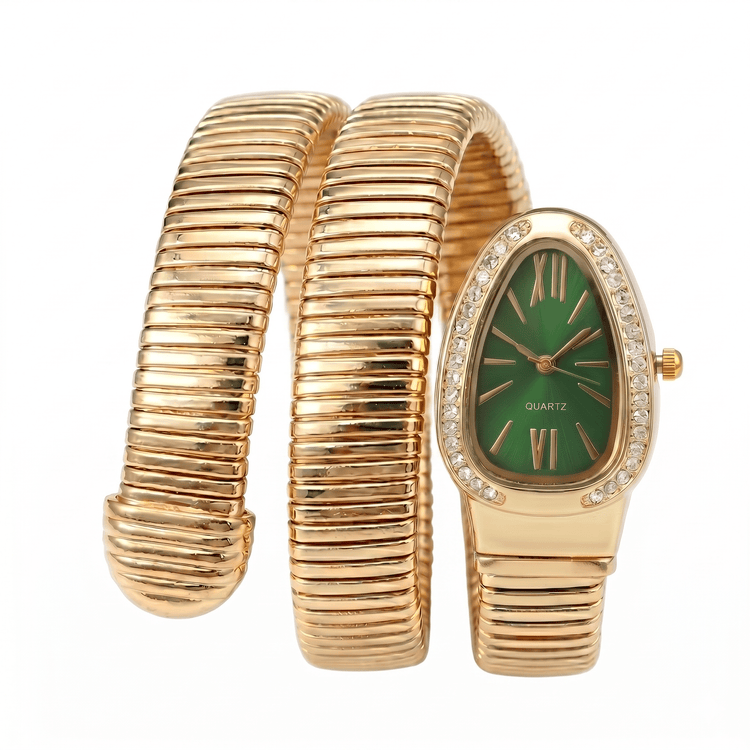 DIPME Gold - Toned Snake Coil Bracelet Watch for Women | Crystal - Studded Dial Bangle Watch | Statement Party & Festive Wear - DIPME