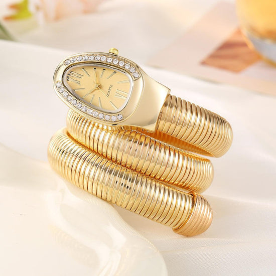 DIPME Gold - Toned Snake Coil Bracelet Watch for Women | Crystal - Studded Dial Bangle Watch | Statement Party & Festive Wear - DIPME