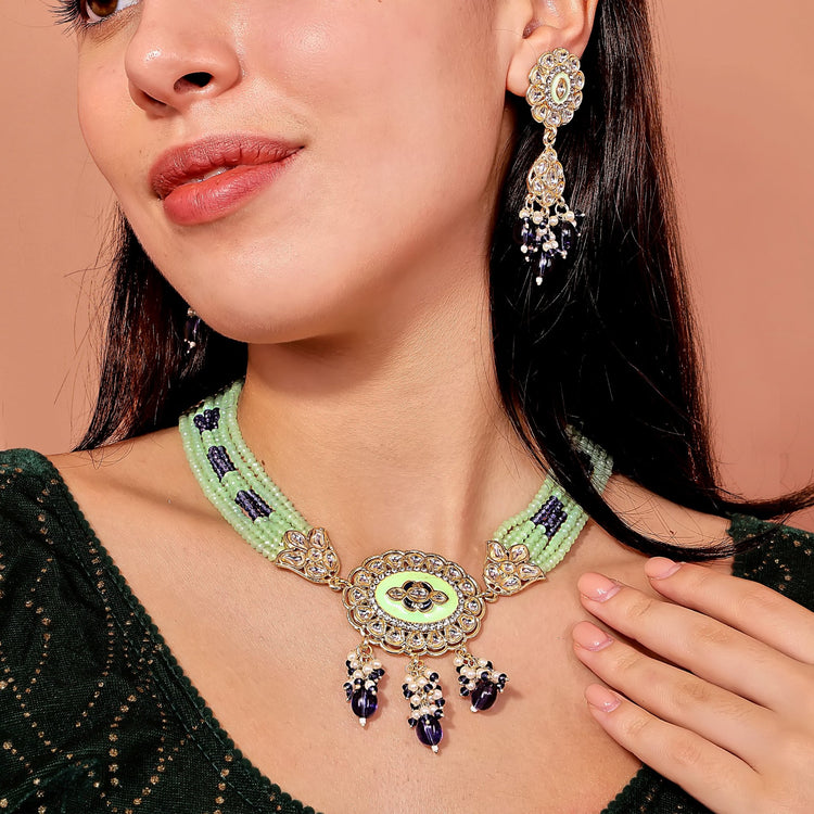 Mint Green Kundan Bridal Choker Set - DIPME