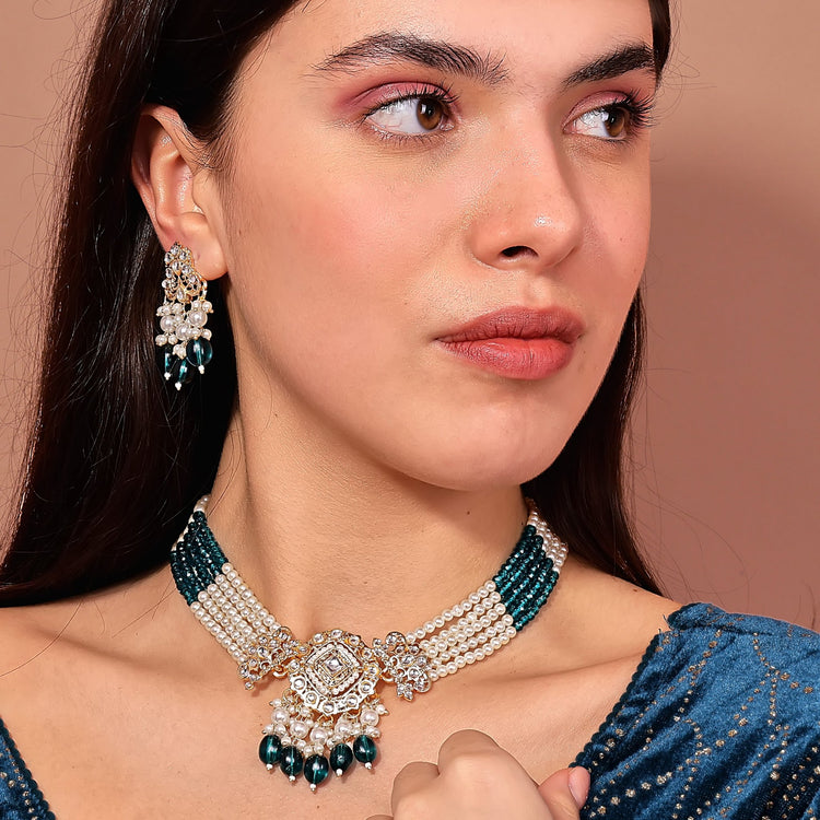 Teal Blue Kundan Pearl Choker Set - DIPME