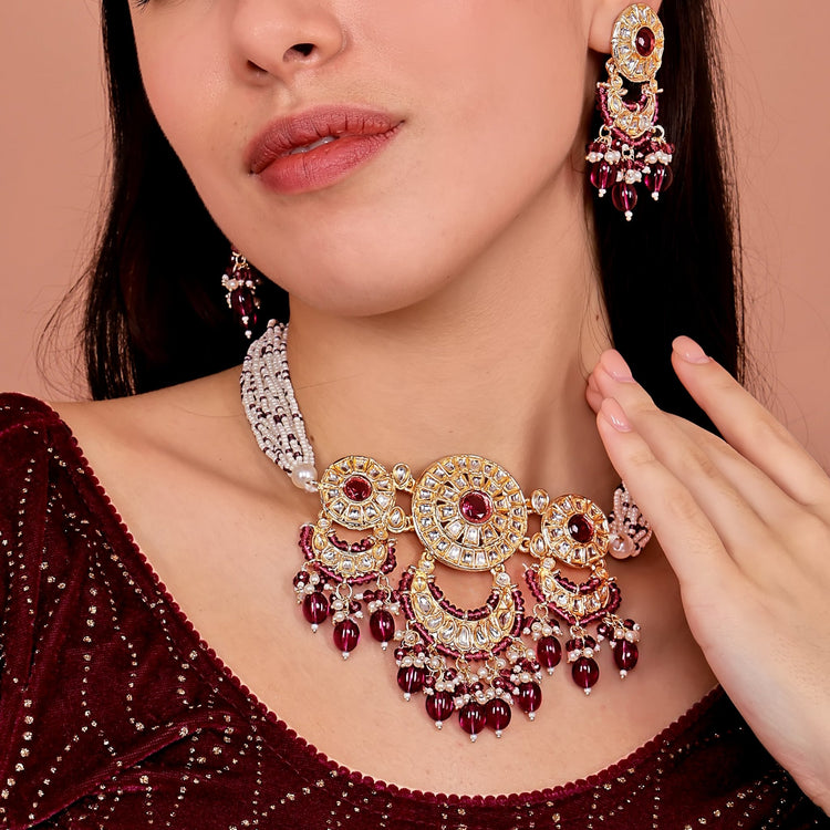 Wine Burgundy Kundan Bridal Set - DIPME