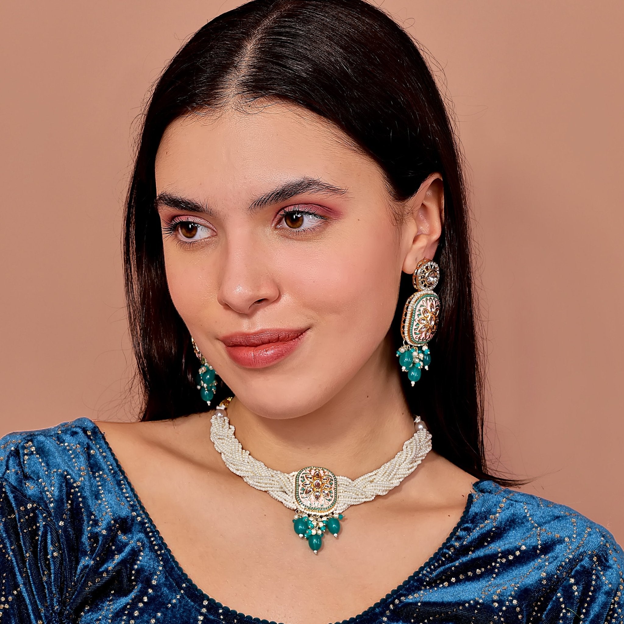 Blush Pink Kundan Pearl Choker Set - DIPME