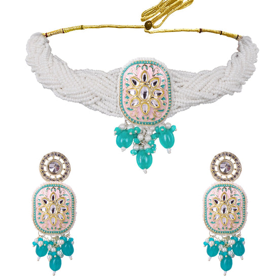 Blush Pink Kundan Pearl Choker Set - DIPME