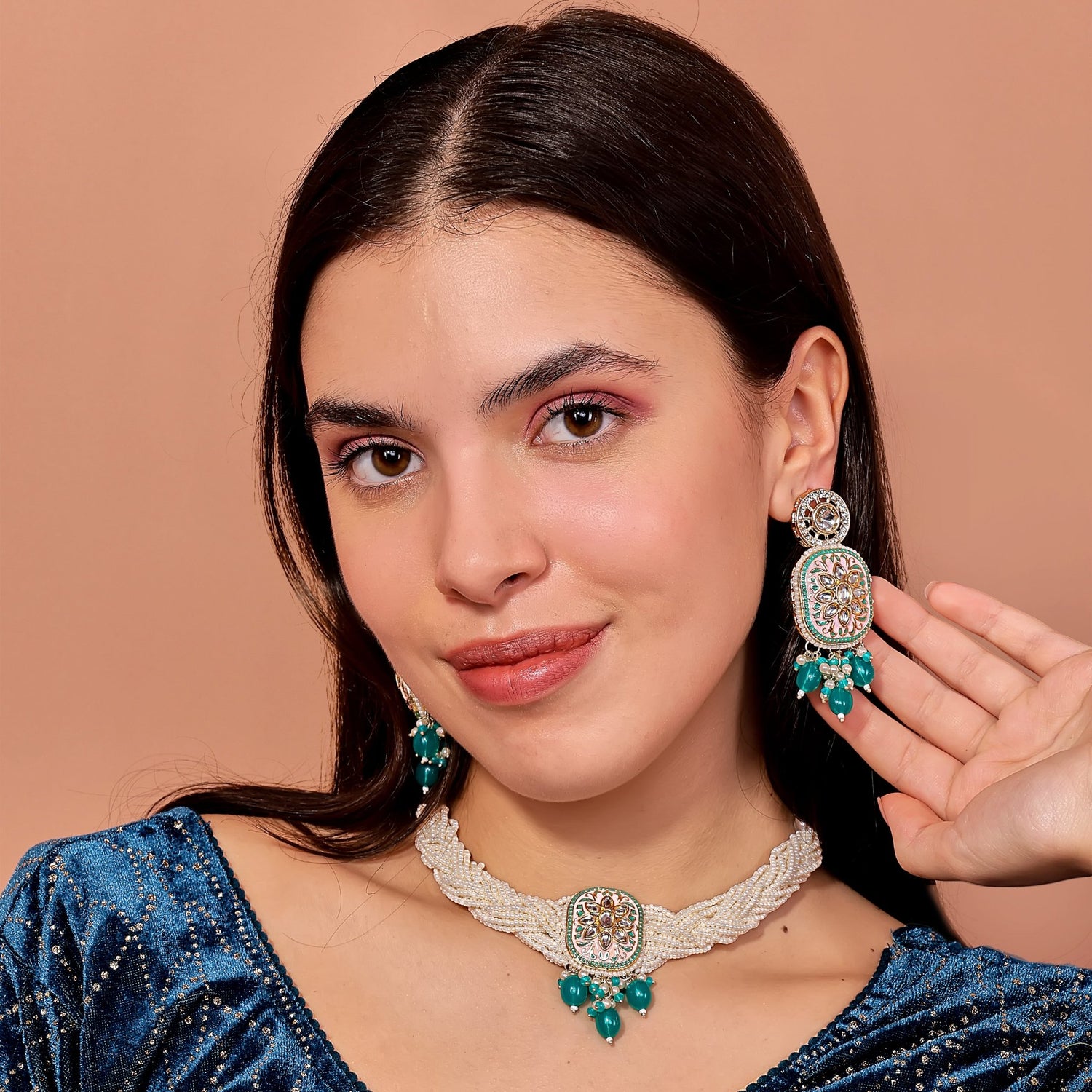 Blush Pink Kundan Pearl Choker Set - DIPME