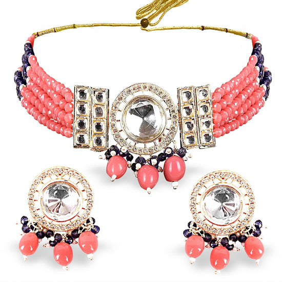 Coral Pink Kundan Pearl Choker Set - DIPME