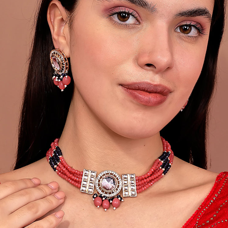Coral Pink Kundan Pearl Choker Set - DIPME