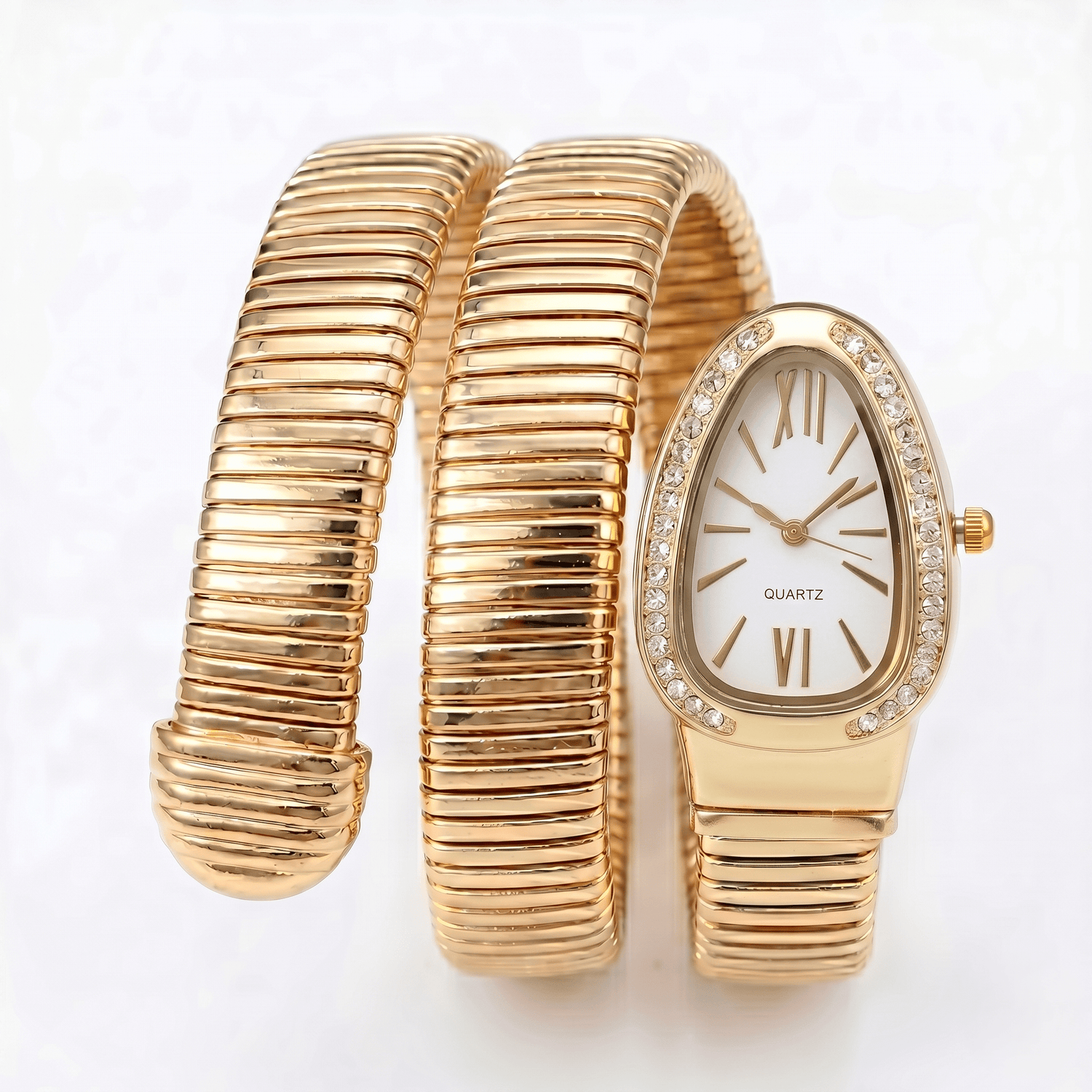 DIPME Gold - Toned Snake Coil Bracelet Watch for Women | Crystal - Studded Dial Bangle Watch | Statement Party & Festive Wear - DIPME