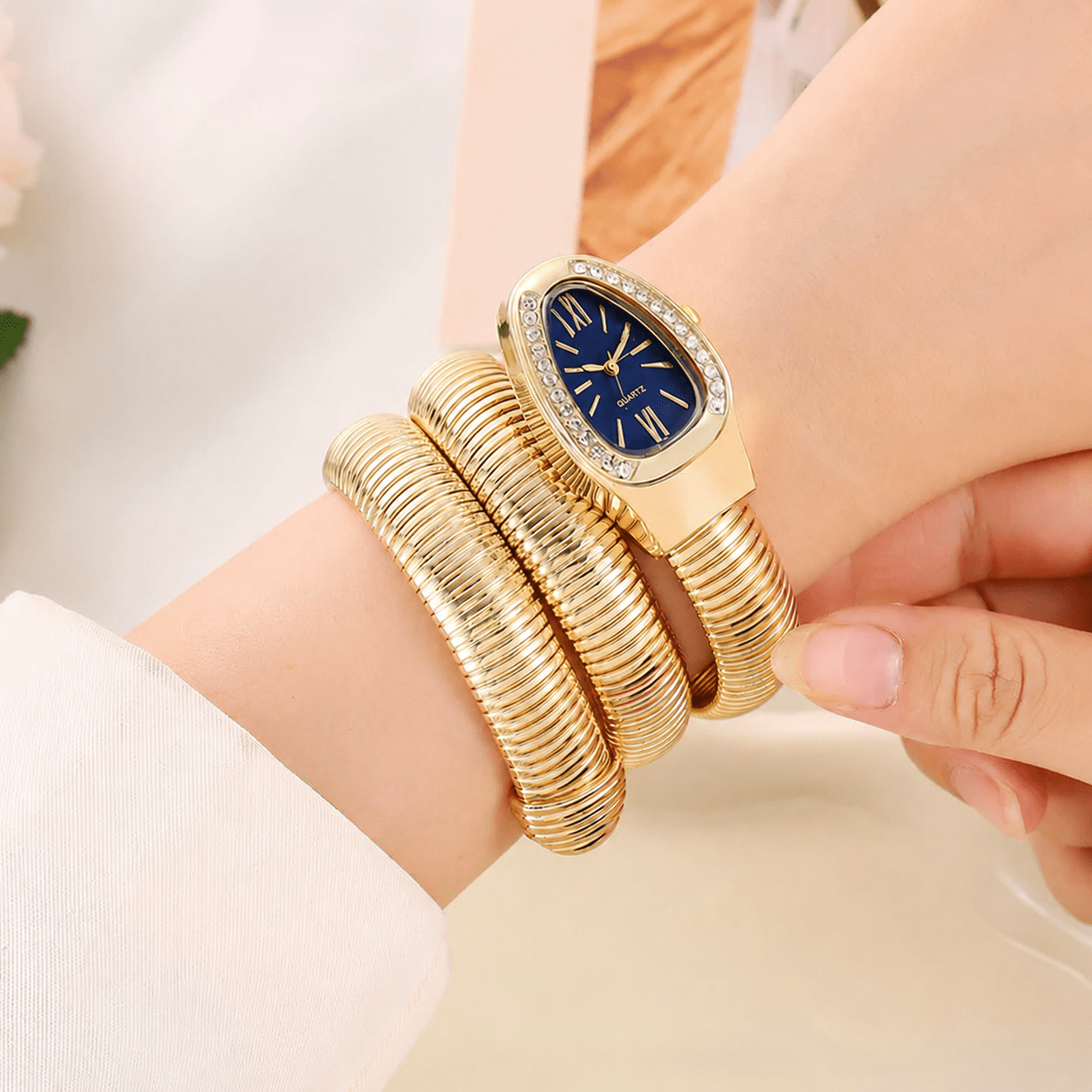 DIPME Gold-Toned Snake Coil Bracelet Watch for Women | Crystal-Studded Dial Bangle Watch | Statement Party & Festive Wear - DIPME