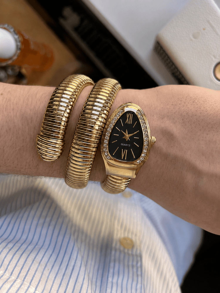 DIPME Gold-Toned Snake Coil Bracelet Watch for Women | Crystal-Studded Dial Bangle Watch | Statement Party & Festive Wear - DIPME