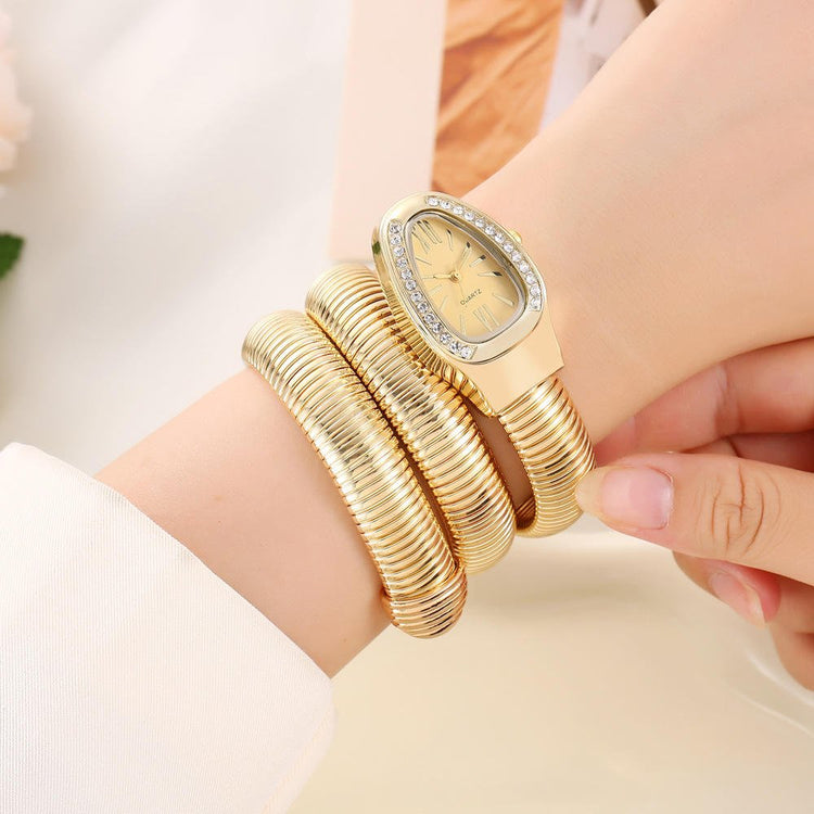 DIPME Gold - Toned Snake Coil Bracelet Watch for Women | Crystal - Studded Dial Bangle Watch | Statement Party & Festive Wear - DIPME