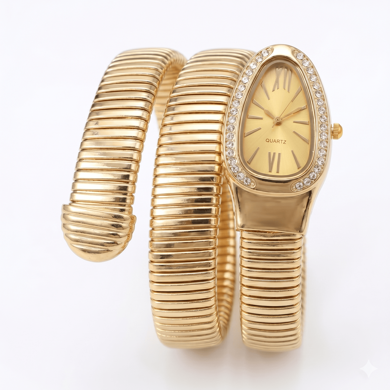 DIPME Gold - Toned Snake Coil Bracelet Watch for Women | Crystal - Studded Dial Bangle Watch | Statement Party & Festive Wear - DIPME