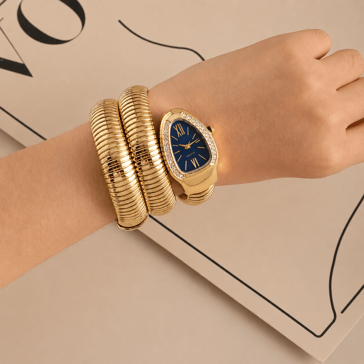 DIPME Gold-Toned Snake Coil Bracelet Watch for Women | Crystal-Studded Dial Bangle Watch | Statement Party & Festive Wear - DIPME