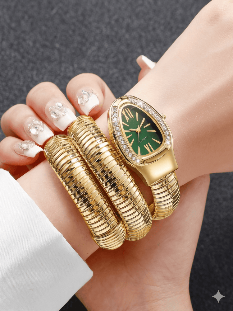 DIPME Gold - Toned Snake Coil Bracelet Watch for Women | Crystal - Studded Dial Bangle Watch | Statement Party & Festive Wear - DIPME