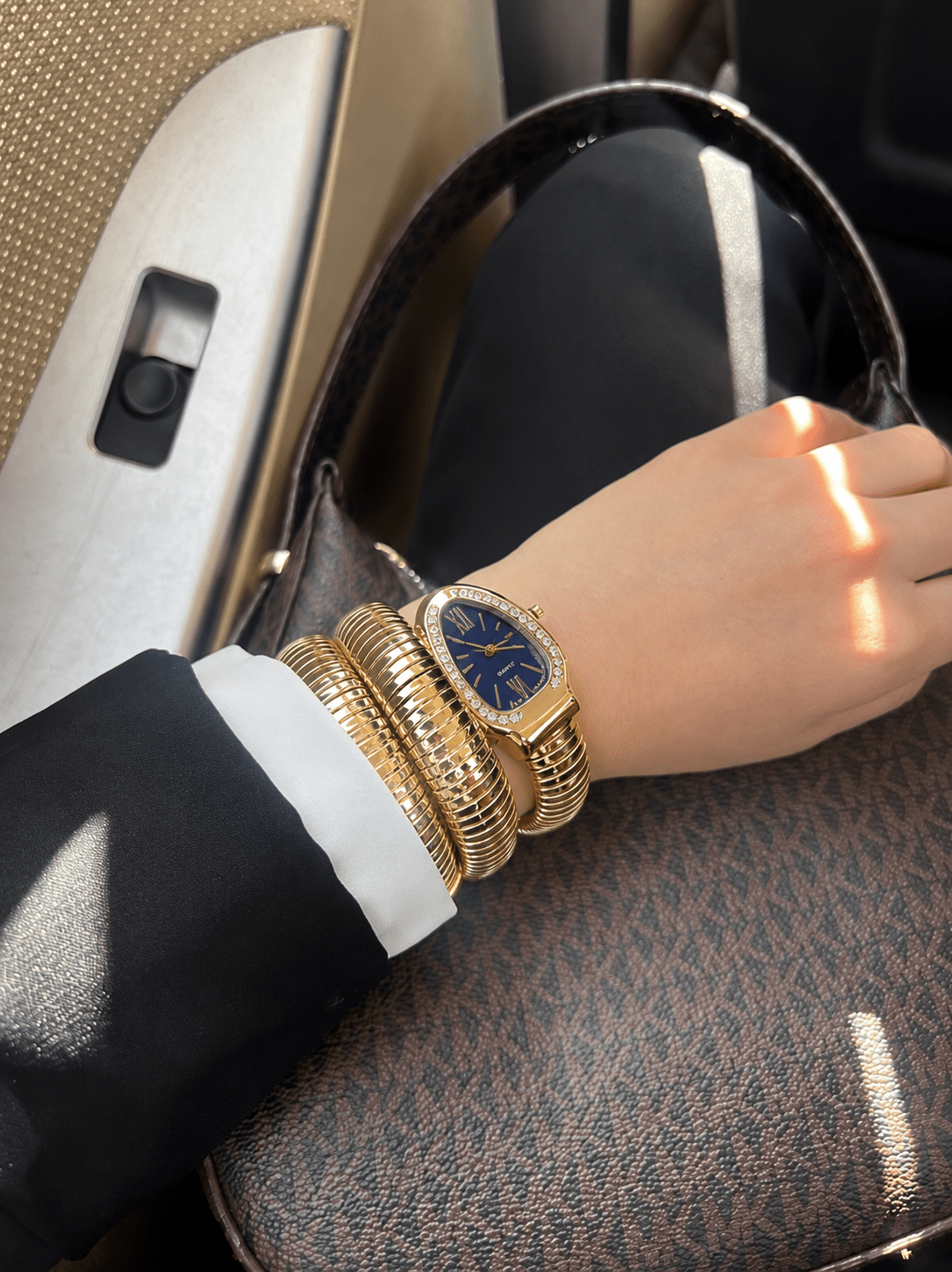 DIPME Gold-Toned Snake Coil Bracelet Watch for Women | Crystal-Studded Dial Bangle Watch | Statement Party & Festive Wear - DIPME