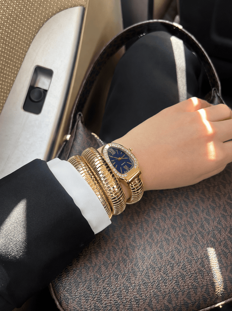 DIPME Gold-Toned Snake Coil Bracelet Watch for Women | Crystal-Studded Dial Bangle Watch | Statement Party & Festive Wear - DIPME