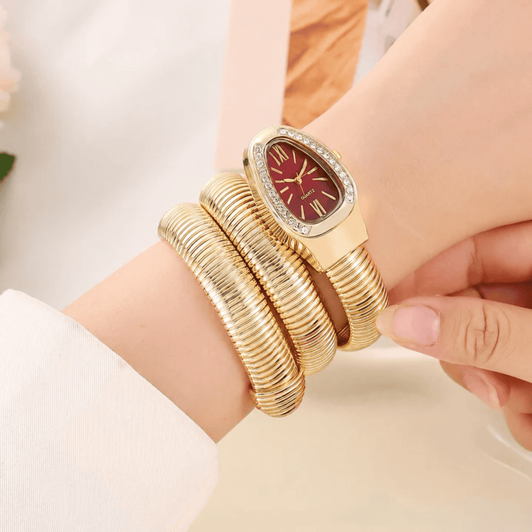 DIPME Gold-Toned Snake Coil Bracelet Watch for Women | Crystal-Studded Dial Bangle Watch | Statement Party & Festive Wear - DIPME