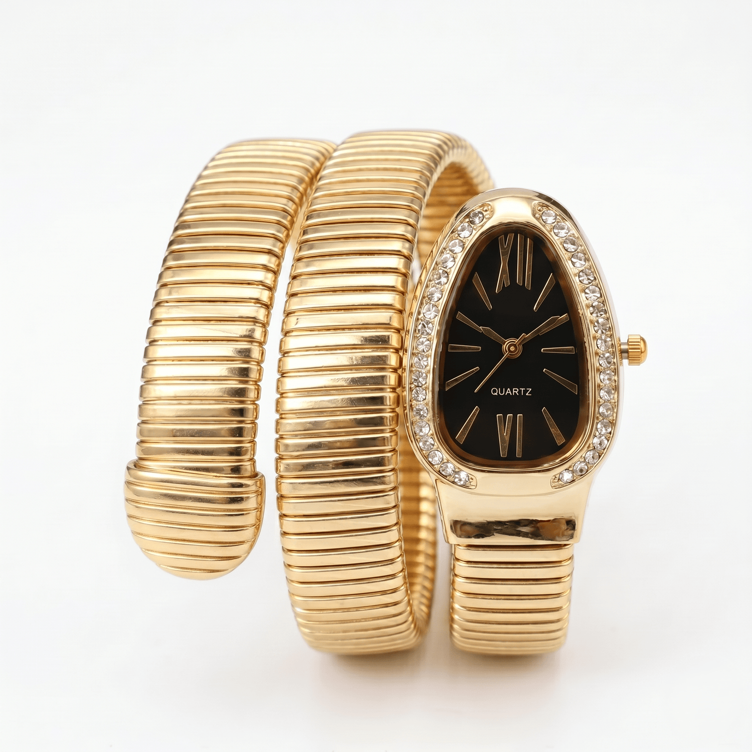 DIPME Gold - Toned Snake Coil Bracelet Watch for Women | Crystal - Studded Dial Bangle Watch | Statement Party & Festive Wear - DIPME