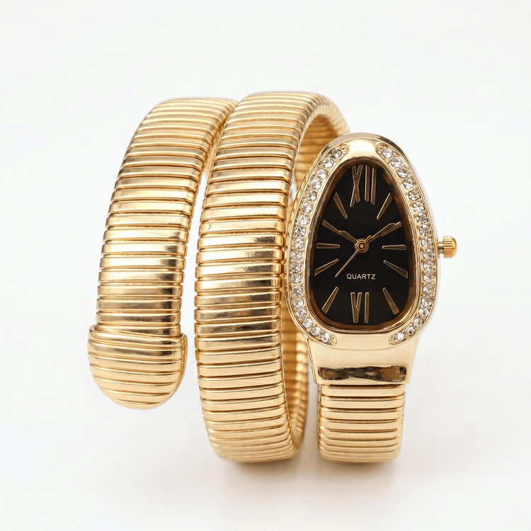 DIPME Gold - Toned Snake Coil Bracelet Watch for Women | Crystal - Studded Dial Bangle Watch | Statement Party & Festive Wear - DIPME