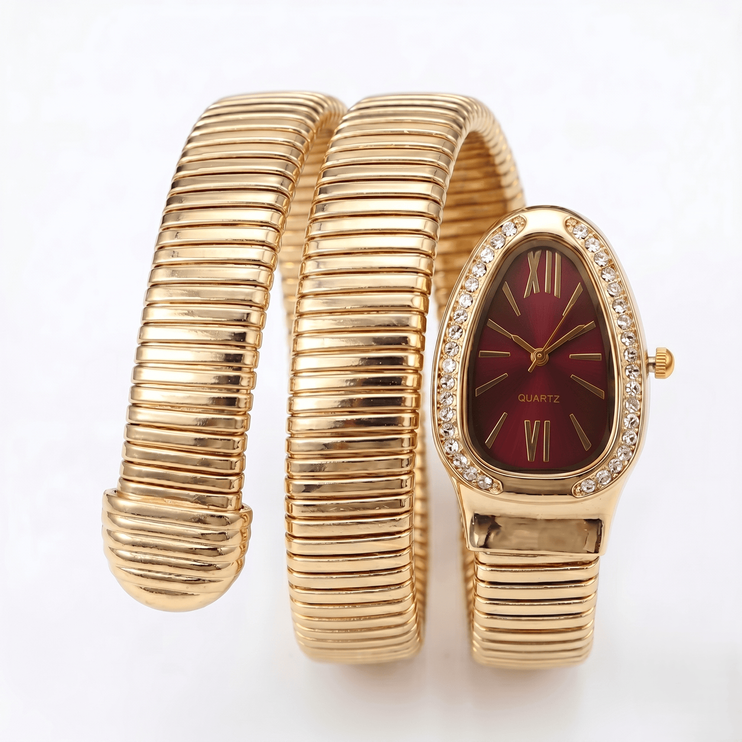 DIPME Gold - Toned Snake Coil Bracelet Watch for Women | Crystal - Studded Dial Bangle Watch | Statement Party & Festive Wear - DIPME
