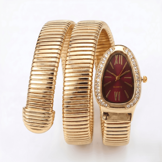 DIPME Gold - Toned Snake Coil Bracelet Watch for Women | Crystal - Studded Dial Bangle Watch | Statement Party & Festive Wear - DIPME