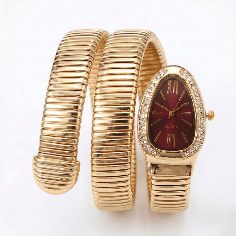 DIPME Gold - Toned Snake Coil Bracelet Watch for Women | Crystal - Studded Dial Bangle Watch | Statement Party & Festive Wear - DIPME
