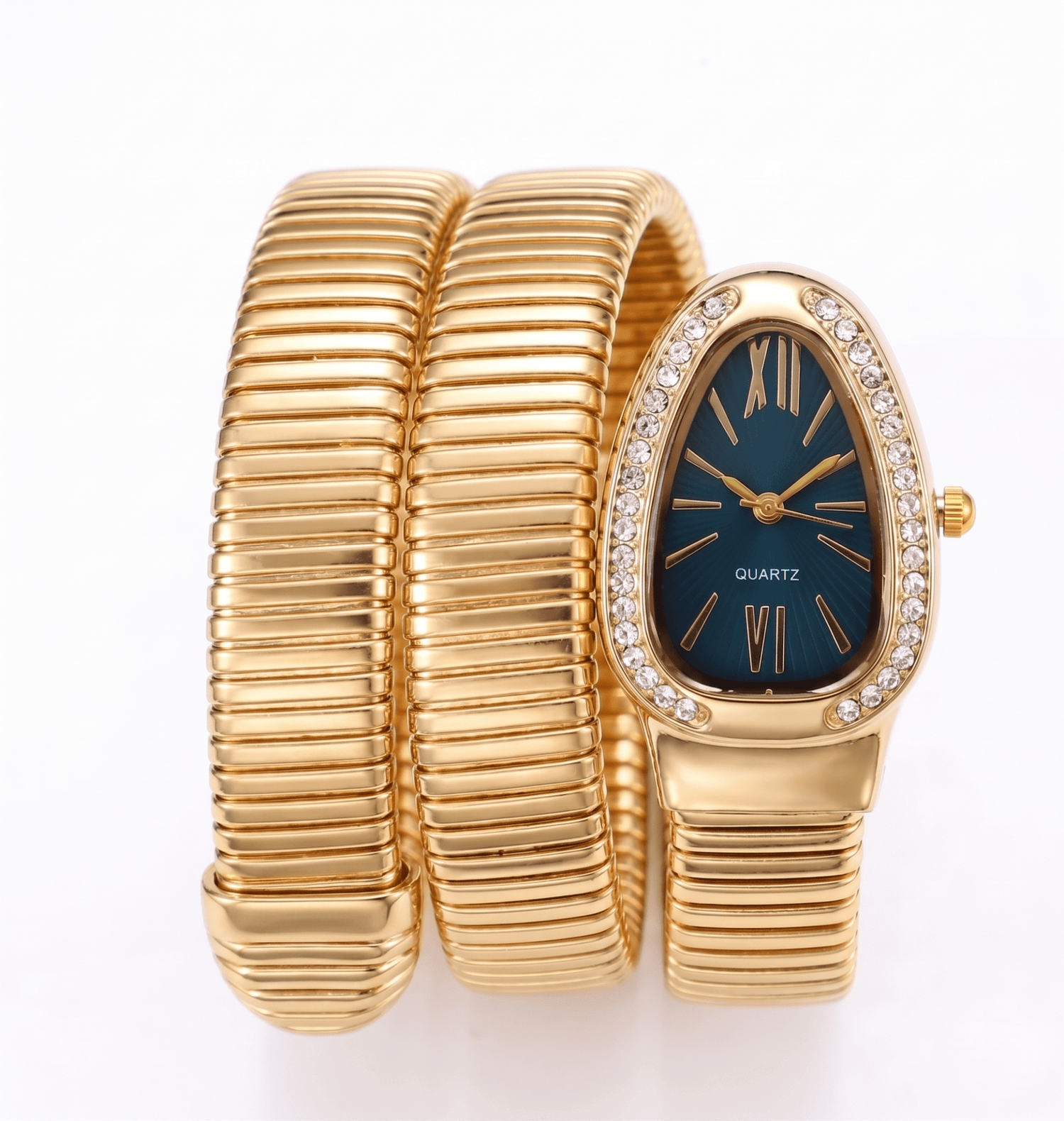 DIPME Gold - Toned Snake Coil Bracelet Watch for Women | Crystal - Studded Dial Bangle Watch | Statement Party & Festive Wear - DIPME