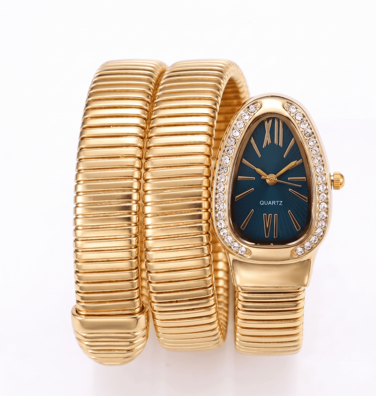 DIPME Gold - Toned Snake Coil Bracelet Watch for Women | Crystal - Studded Dial Bangle Watch | Statement Party & Festive Wear - DIPME