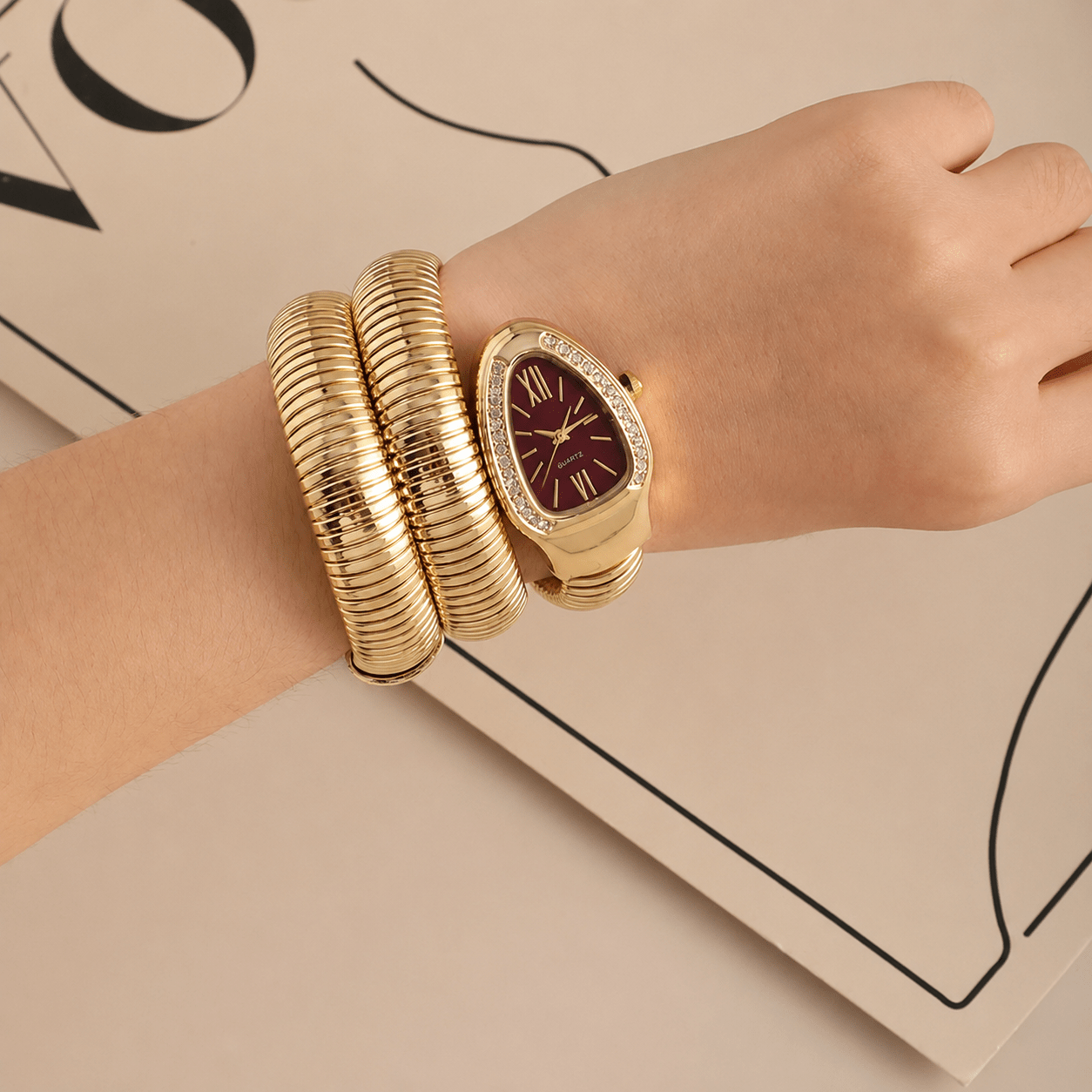 DIPME Gold-Toned Snake Coil Bracelet Watch for Women | Crystal-Studded Dial Bangle Watch | Statement Party & Festive Wear - DIPME