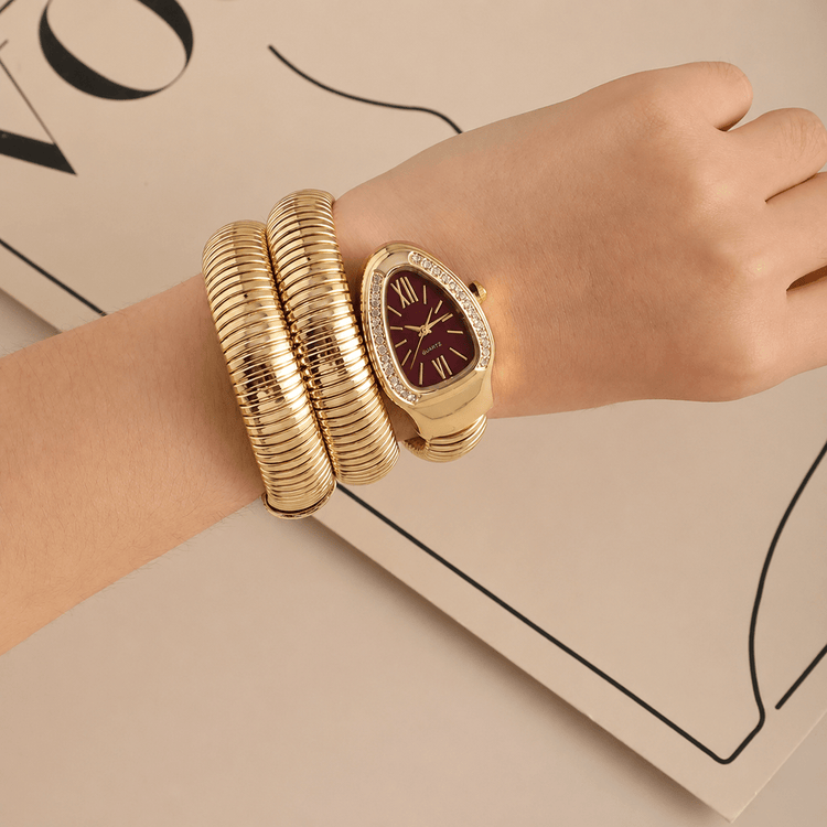 DIPME Gold-Toned Snake Coil Bracelet Watch for Women | Crystal-Studded Dial Bangle Watch | Statement Party & Festive Wear - DIPME