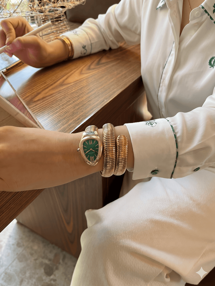 DIPME Gold - Toned Snake Coil Bracelet Watch for Women | Crystal - Studded Dial Bangle Watch | Statement Party & Festive Wear - DIPME