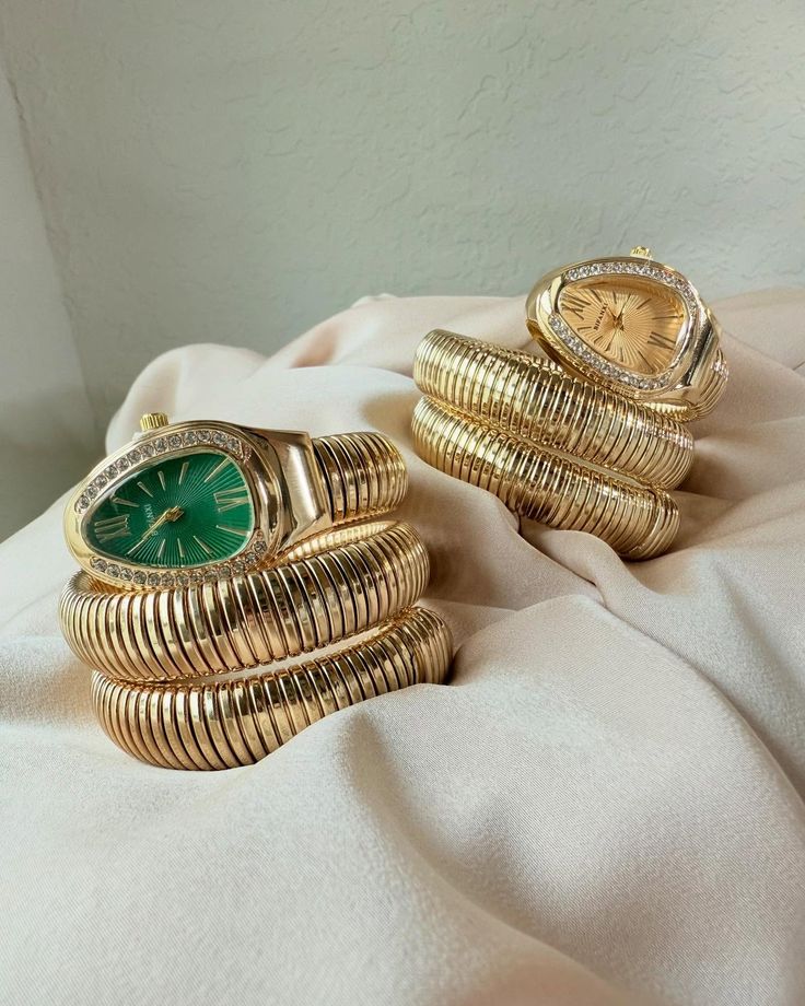 DIPME Gold - Toned Snake Coil Bracelet Watch for Women | Crystal - Studded Dial Bangle Watch | Statement Party & Festive Wear - DIPME