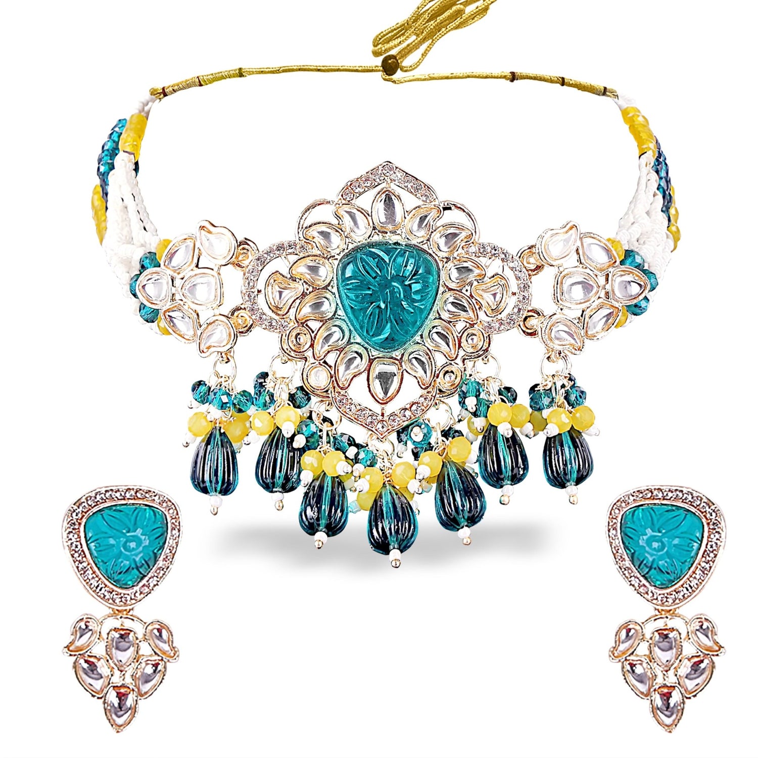 Peacock Teal Lotus Kundan Choker Set - DIPME