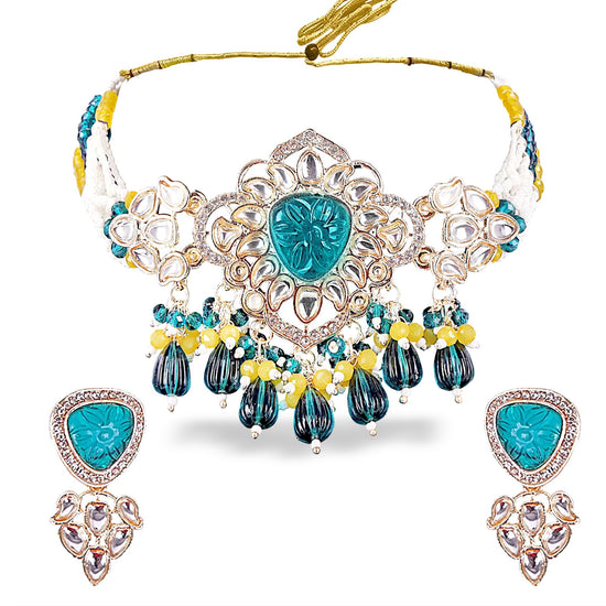 Peacock Teal Lotus Kundan Choker Set - DIPME