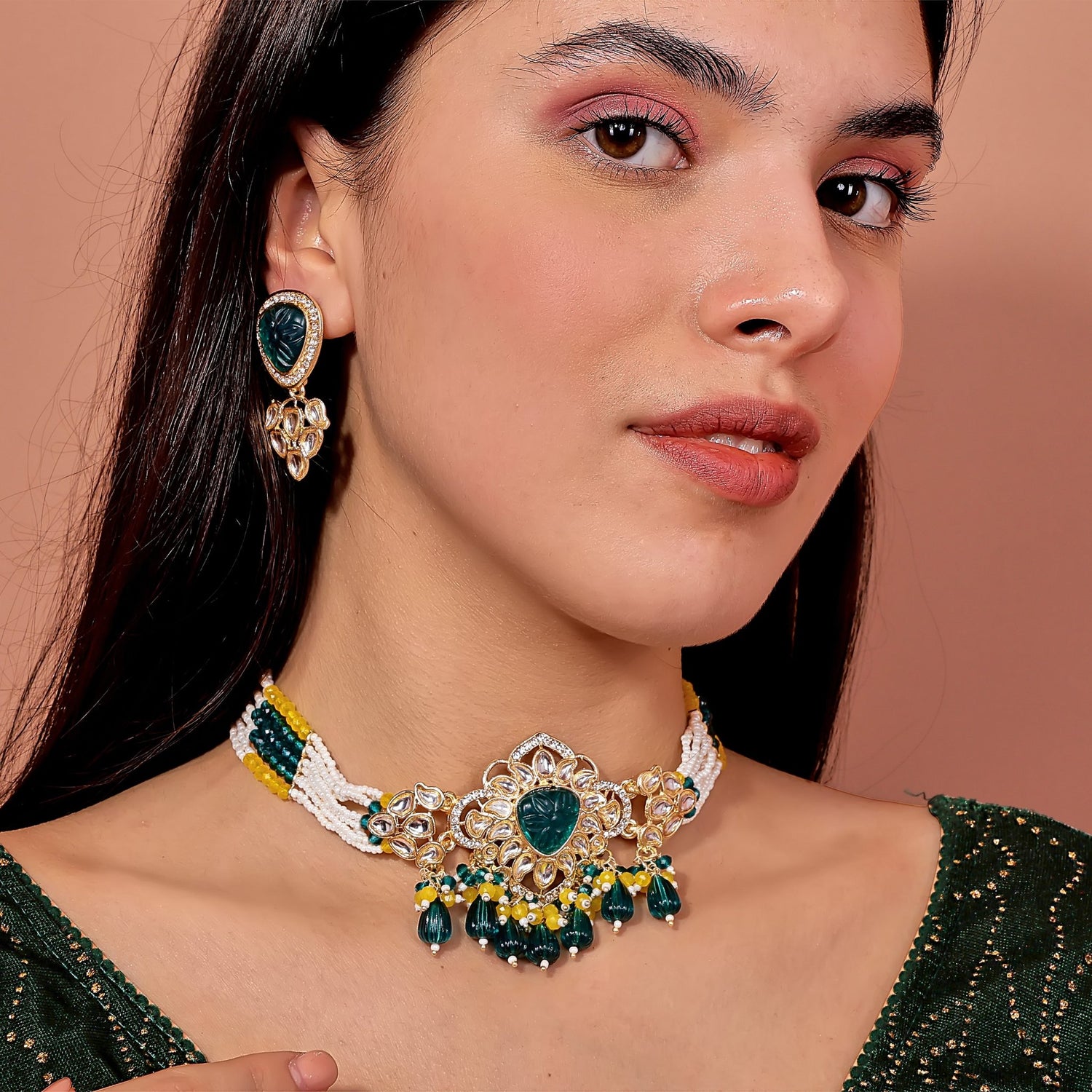 Peacock Teal Lotus Kundan Choker Set - DIPME