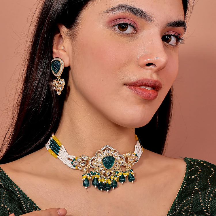 Peacock Teal Lotus Kundan Choker Set - DIPME