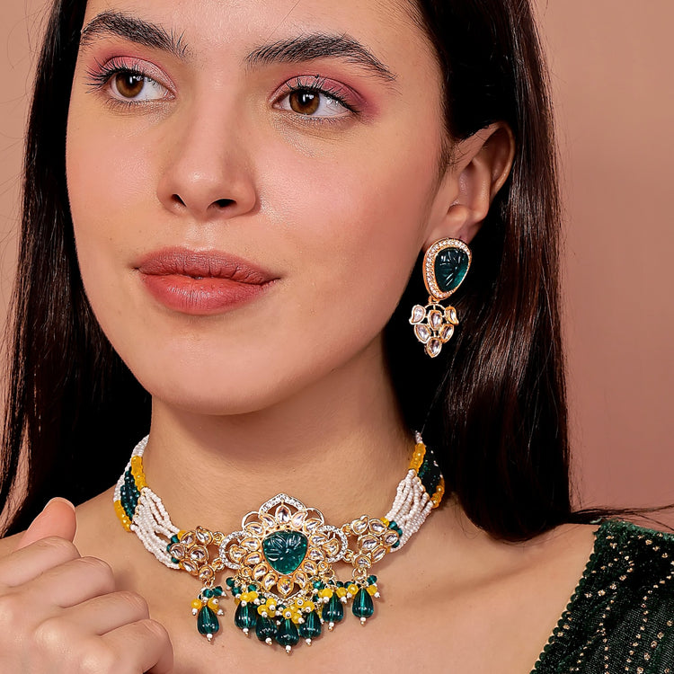 Peacock Teal Lotus Kundan Choker Set - DIPME