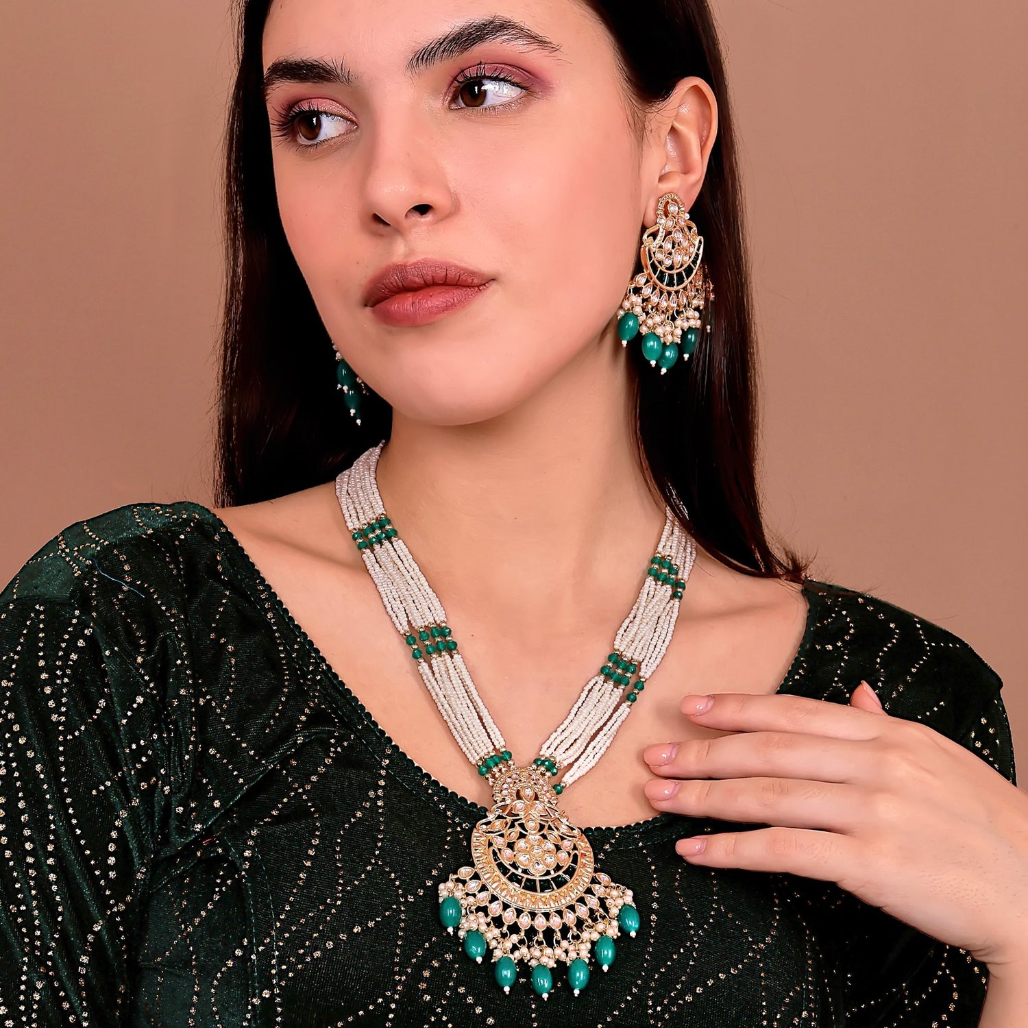 Sage Green Kundan Long Set - DIPME
