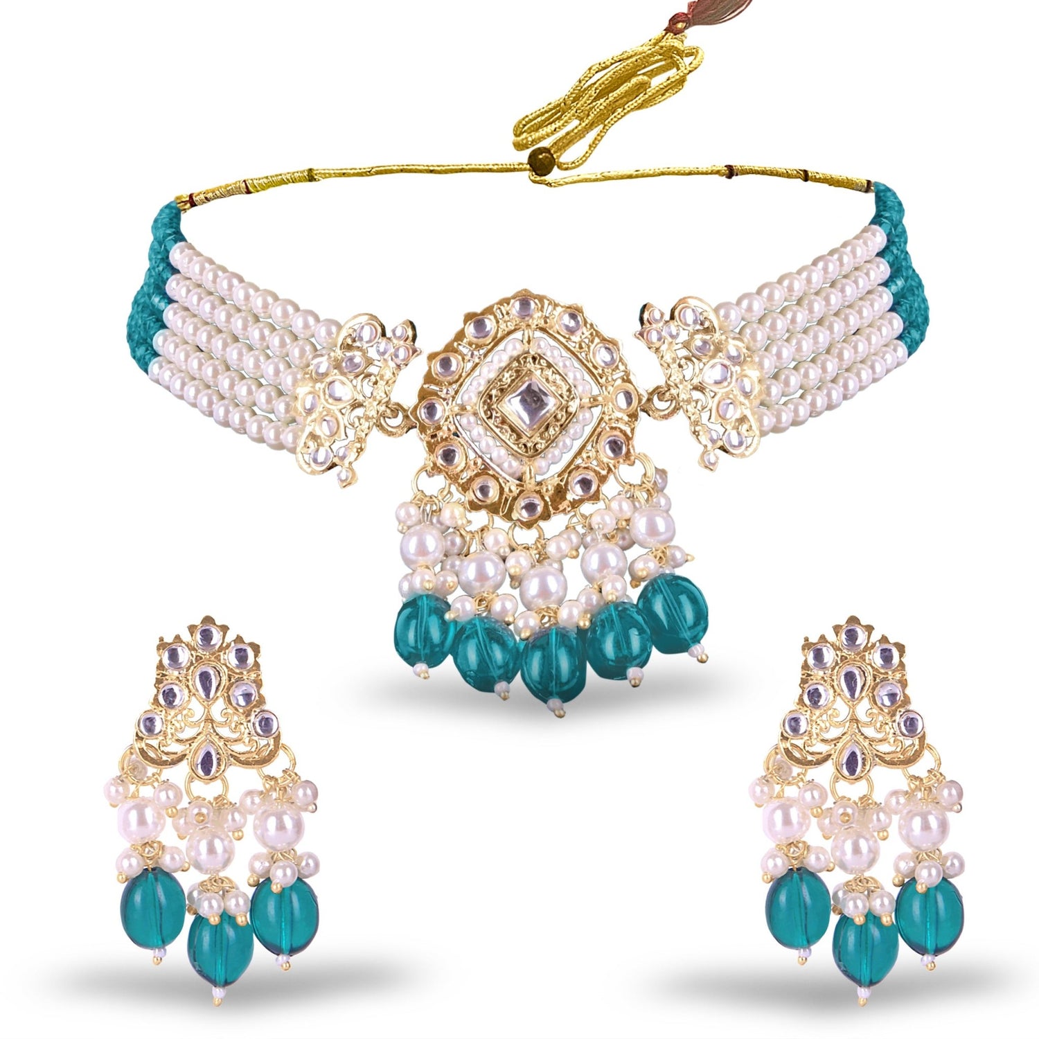 Teal Blue Kundan Pearl Choker Set - DIPME