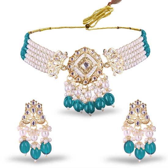 Teal Blue Kundan Pearl Choker Set - DIPME