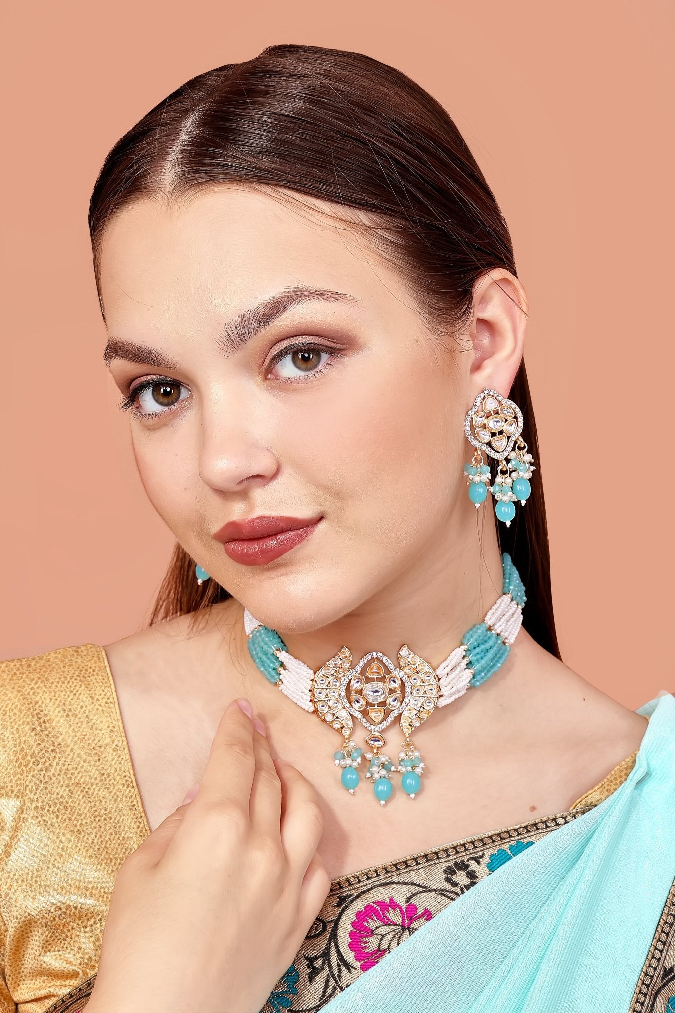 Turquoise Gold Kundan Choker - DIPME