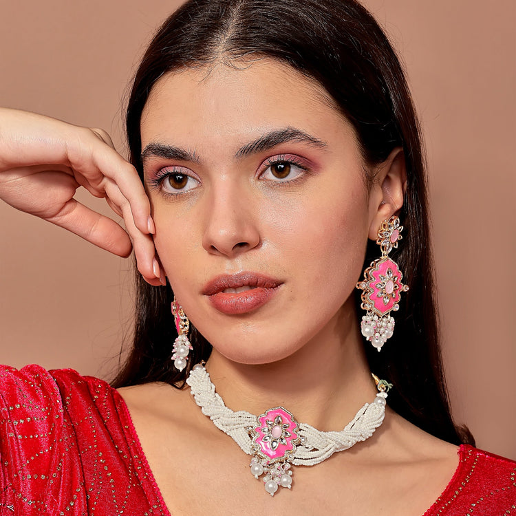 Turquoise Meenakari Pearl Choker Set - DIPME