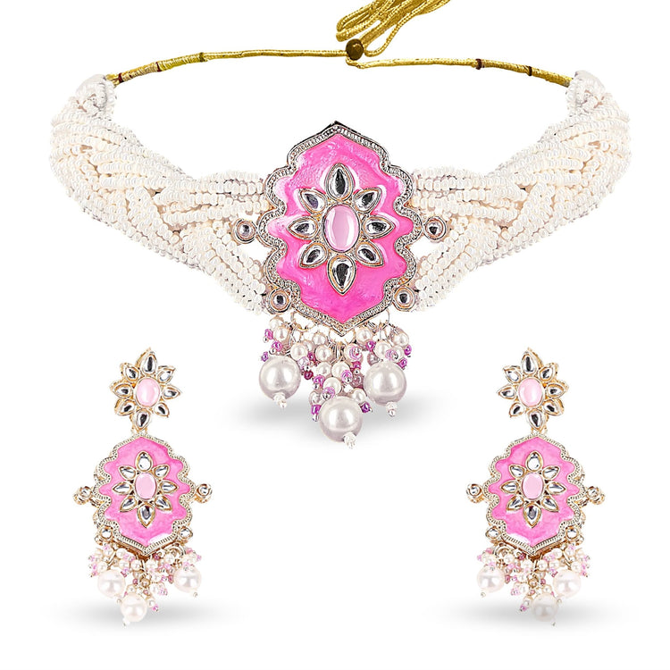 Turquoise Meenakari Pearl Choker Set - DIPME