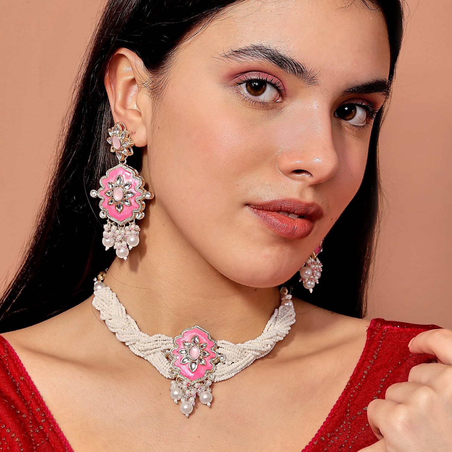 Turquoise Meenakari Pearl Choker Set - DIPME