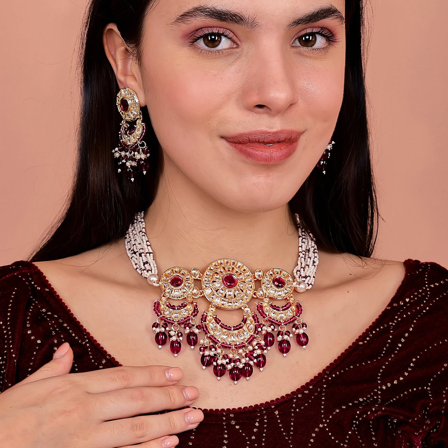 Wine Burgundy Kundan Bridal Set - DIPME